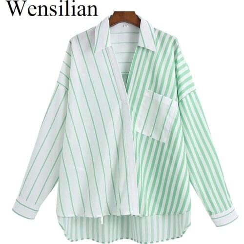 Oversized Blouses Shirts Women Fashion Green Striped Long Sleeve Chic Tops Turn Down Collar V Neck Asymmetric Female Shirts
