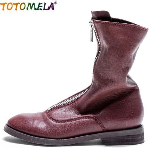 TOTOMELA 2020 New Natural genuine leather boots women zipper solid color retro wine red square heel ankle boots female shoes