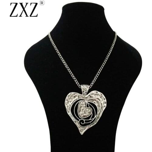 ZXZ Large Abstract Metal Heart Pendant Long Curb Chain Lagenlook Necklace 34"
