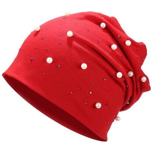 10pcs/lot Fashion Solid Color Pearl Women Skullies Beanies Winter Womens Hat Female Beanie Soft Bonnet Warm Cotton cap (good)