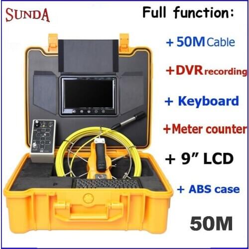 50meter cable video snake inspection camera 9"LCD screen drain sewer pipe camera DVR keyboard typing meter counter 23mm camera