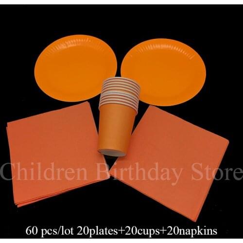 60pcs/lot plain color disposable party tableware sets orange theme plates cups napkins orange theme party sets for 20 people