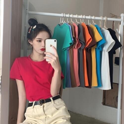 Basic Plain T Shirt Women Summer Short Sleeve Top Female Korean Ladies Green Blue Coffee Gray Yellow Black White Pink T Shirt