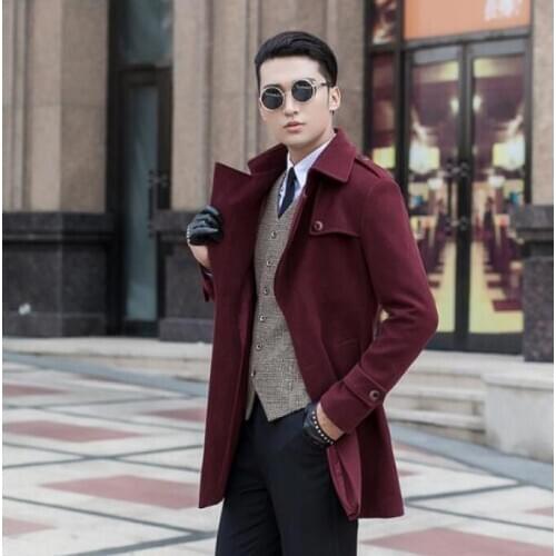 Cheap ! Wine red casual woolen coat men trench coats long sleeves overcoat mens cashmere coat casaco masculino inverno england