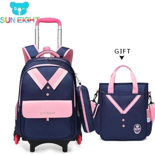 SUN EIGHT Kid Wheeled Bags Cart School bag for girls Backpack Children trolley mochila mochilas