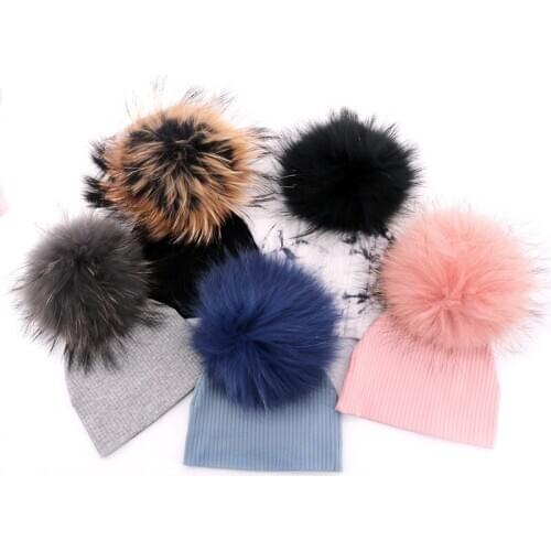 Baby Boys Girls Ribbed Cotton hats with Real Fur pompom Cap 0-12 Month Kids Soft girls winter hats Bonnets fur ball Dropshipping