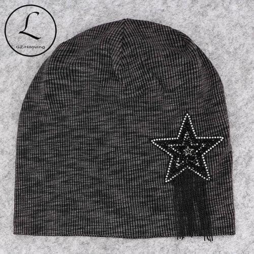 GZHilovingL Casual Autumn Winter Beanies Hats For Womens Ladies Soft Cotton Star Tassel Bead Ribbed Slouchy Hats Girls Skullies