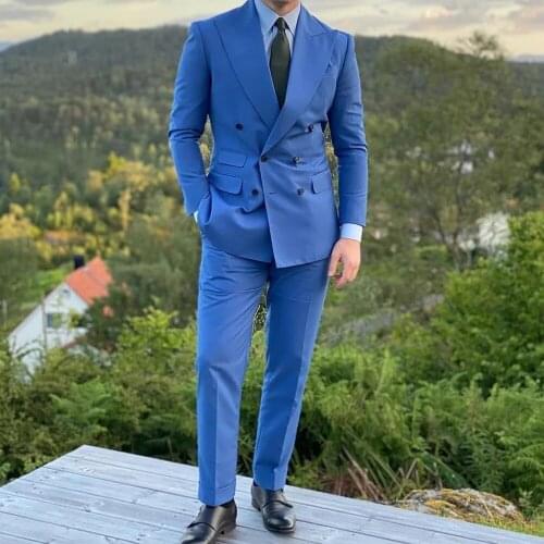 Royal Blue 2 Pieces Men Suits Double Breasted Jacket With Pants Slim Fit Wedding Groom Wear Office Solid Smoking Business Blazer