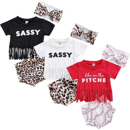 Summer Kids Baby Girls Clothes Sets Letter Short Sleeve Tassel T Shirts Tops Leopard Shorts Headband