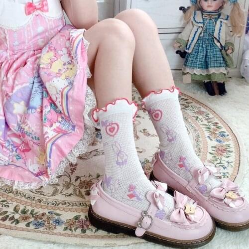 Summer Sweet Girl Socks Japanese Harajuku JK Breathable Mesh short Socks Women Lolita Print Rabbit Cotton Socks Princess Socks
