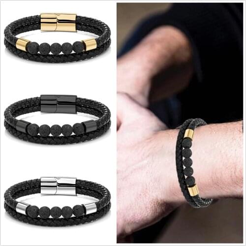 Fashion Male Jewelry Braided Leather Bracelet 6MM Lava Beads Bracelet Black Stainless Steel Magnetic Clasps Men Wrist Gifts