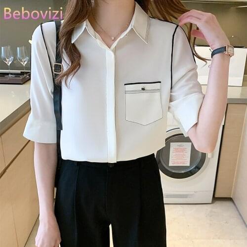 Bebovizi S-XXL 2021 New White Fashion Summer Chiffon Casual Women Button Up Tops and Shirts Office Lady Work Clothes