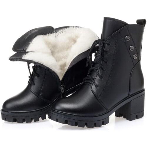 2021 New Full Cowhide Winter Martin Boots Warm Inside Plush or Wool Snow Boots Thick Heels Non-slip Black Women Boots Big Size