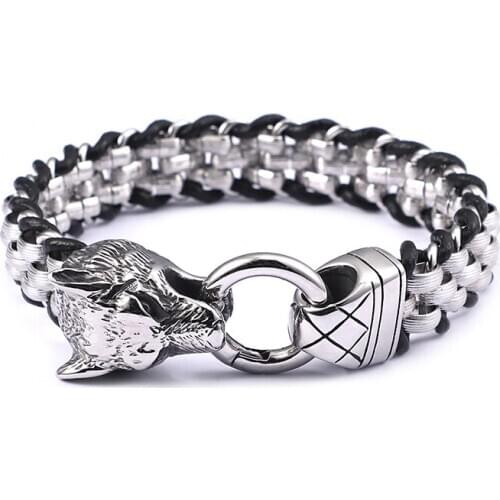 Brand New Heavy 13mm 8.5'' knit Leather Rolo Chain bracelet Stainless Steel Fashion Biker Wolf bracelet bangle Mens