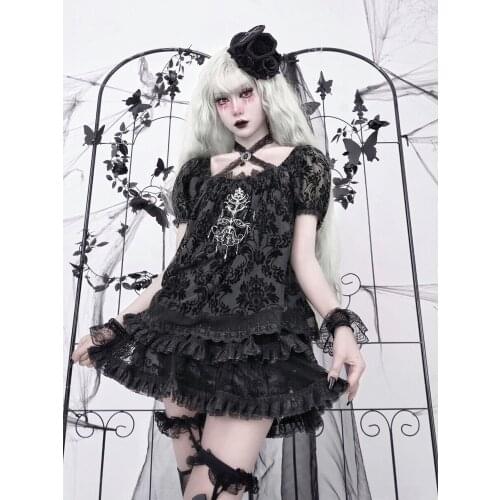 Original Design Black Loose Blouse Short Sleeve Halter Lace Collar Sexy Goth Dark Embroidery Shirt Sweet Hot Girls Small Top