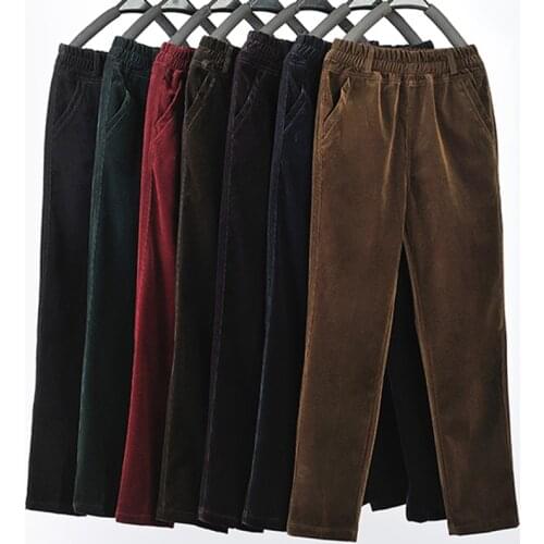 Autumn Winter Mother Corduroy Trousers Elastic Waist Casual Trousers High Waist Plus Size Corduroy Plus Velvet Warm Pants Women