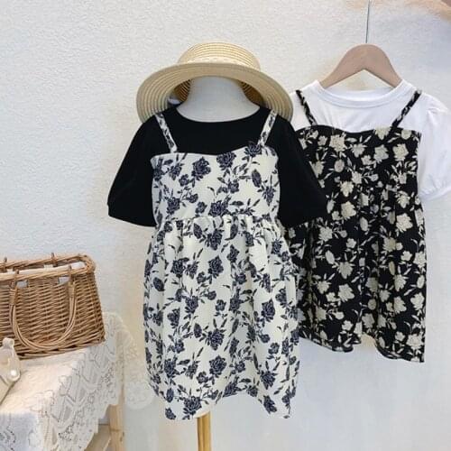 1-5 Years Summer Chiffon Floral Girls Dresses Kids Fake Two Short sleeve Princess Dress Children Clothes Girl Casual Sundress
