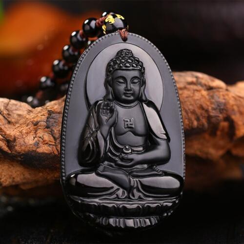 Natural Obsidian Pendant Eight Guardian Twelve Zodiac Natal Buddha Amulet Lucky Necklace Opening For Women Men