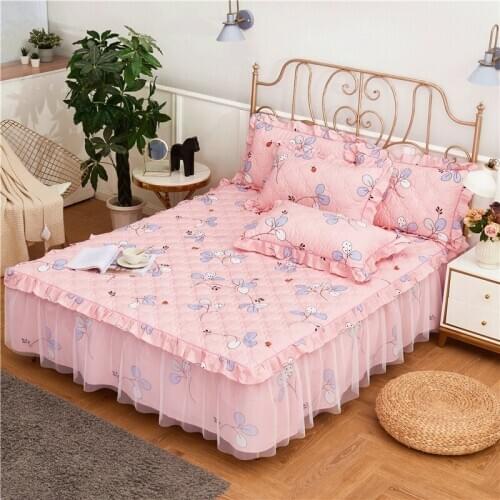 All cotton Printing and thickening quilting Bed spread Fitted Sheet Pillowcases 2/3pcs Luxury Princess Pleated lace Bedding