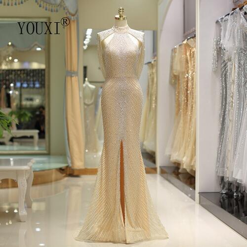 YOUXI Luxury Gold Long Evening Dress Mermaid Dubai Bling Bling Crystals Beading Front Split Formal Women Gown