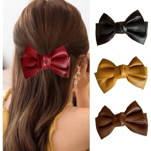 Winter Fashion PU Leather Duckbill Spring Clips Solid Color Bow Hairpin Girls Headwear Hair Ornament Accessories