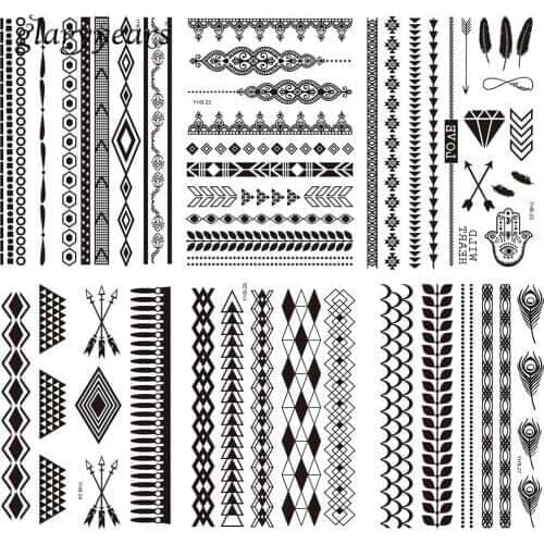 6 Pieces Female Black Stocking Chain Tattoo Sticker Geometric Flower Lace Style Bracelet Jewelry Tattoo Body Art Decal Temporary