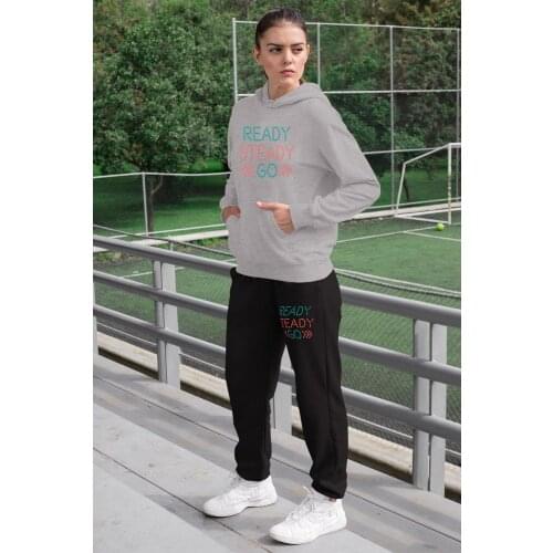Angemiel Wear Ready Steady Women Tracksuit Set Gray Hooded Sweatshirt Black Sweatpants