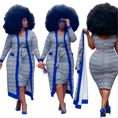 Plaid Patchwork Women Plus Size XL-5XL Two Pieces 2021 Autumn O-Neck Bodycon Sashes Vest Dress + Ankle-length Cardigan Outfits