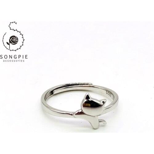 925 Sterling Silver Lovely Cat Ring Girl Birthday Present Cat Ring Size Adjustable Ring 003973