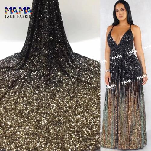 5 Yards Black With Gold Sequins French Tulle Lace Sewing African Sequins Net Lace 2021 High Quality Fabric For WEdding Party