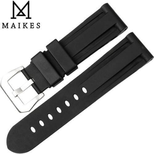 MAIKES Watch Accessories Black Watch Strap 24mm Silver Stainless Steel Buckle Rubber Silicone Waterproof Watchband for Panerai