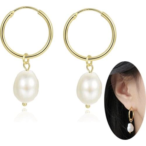 Baroque Natural Freshwater Pearl Drop Earrings Dangle Pendant 925 Sterling Silver 18K Gold Plated Hoop Earring For Women