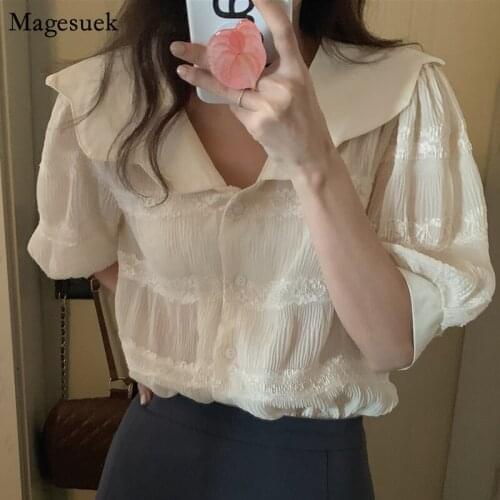 Korean Style Loose Chiffon Women Shirts Summer Petal Doll Collar Lapel Lace Blouse Female Spring Apricot Short Sleeve Tops 15257