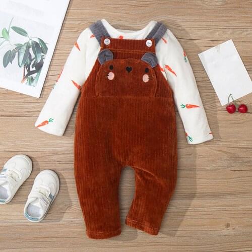 2021 New Children Toddler Kids Solid Overalls Suspender Trousers Casual Corduroy Long Sleeve Carrot Bear Print Overalls Suit