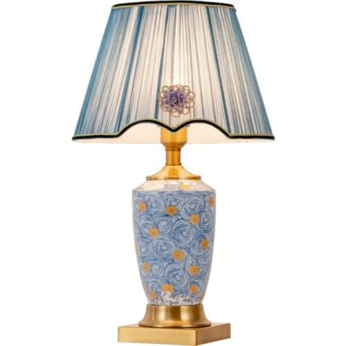 European Pastoral Blue Ceramic Led Table Lamp Romantic Wedding Foyer Bed Room Hotel Modern Desk Night Light H 54cm D27