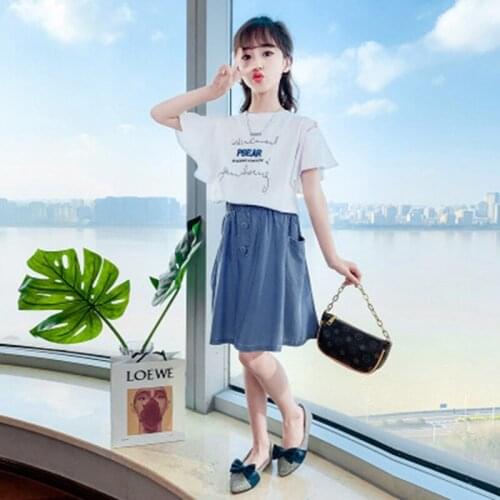 New Summer Casual Children Sets Flying Sleeves T-shirt + Skirt Suits Girls Clothing Sets Kids Summer Outfits for 4-14 Years