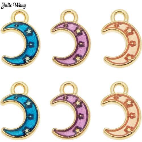 Julie Wang 12pcs Cute Zinc Alloy Enamel Tiny Moon Star Charms For Necklace Pendant Bracelet Making Jewelry Accessory DIY Craft
