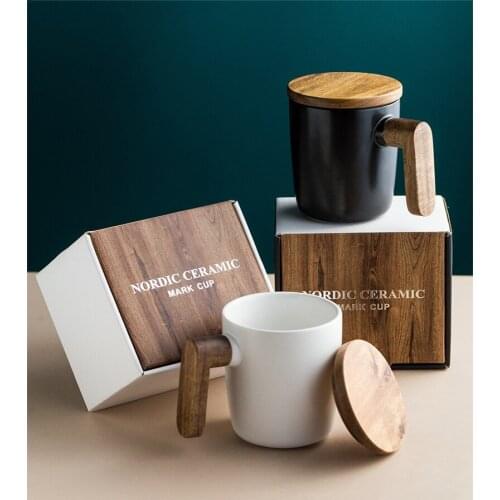 New400ml Gift Package Wooden Handle with Cover coffee cup Lovers coffee Mugs Ceramic coffee Mug cup set wooden coffee cup