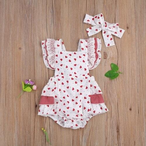 2021 0-18M Newborn Baby Girl Playsuit Sweet Clothes Hearts Print Ruffle Fly Sleeve Plaid Tutu Romper Backless Jumpsuit Headband