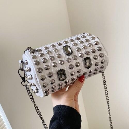 Fashion Rivet Crossbody Bag For Women 2021 Girls Gem Messenger Bag Chain Locomotive PU Womens Shoulder Bag Champagne Black Bag