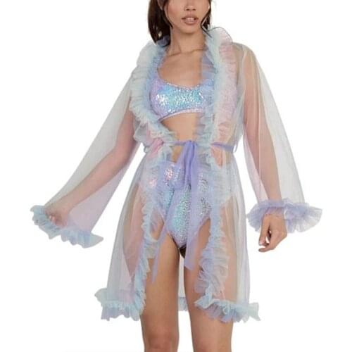 2021 NEW Women Ruffles See Through Swimwear Bikini Cover Ups Mesh Sheer Flare Sleeve Beach Dress Sexy Nightgowns Sleepwear