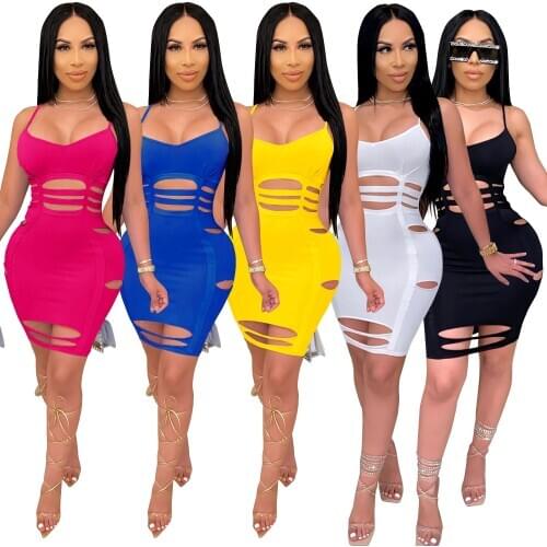 Zoctuo Solid Woman Sexy Bodycon Dress Spaghetti Strap Sleeveless Club Dress Hole V-Neck Sexy Dresses for Women Party Club Night