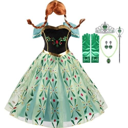 Anna Cosplay Costume Baby Girls Princess Dress Anna Short Sleeve Green Costume Kids Girl Birthday Party Christmas Dress 3-10T