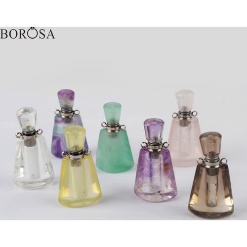 BOROSA 3Pcs Mutil-kind Natural Stone Perfume Bottle Connector Essential Oil Rose Quartzs Amethysts Perfume Bottle Pendant WX1220