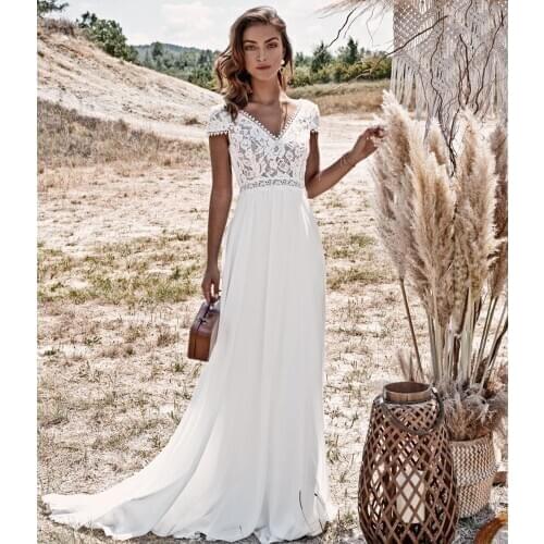 Vintage Lace Boho Bohemian Wedding Dress 2021 A-Line Simple Beach Bridal Gowns Chiffon Floor Length V-Neck Brush Train Backless