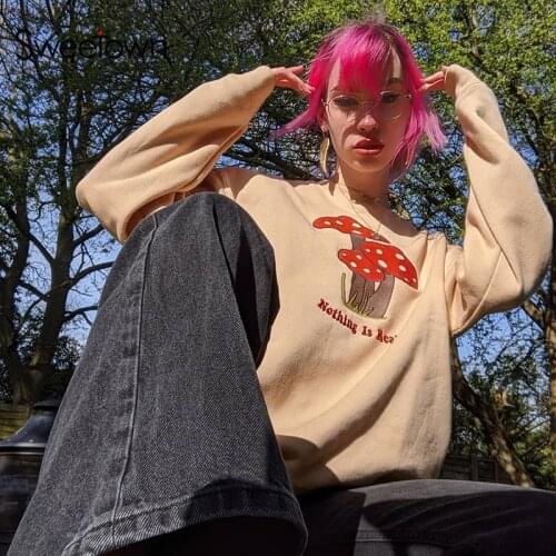 Sweetown Khaki Vintage Y2K Kawaii Pullover Hoodies Patches Graphic Sweatshirts Women Crewneck Long Sleeve Autumn Winter Clothes