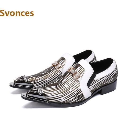 New Dress Shoes Men Fashion Patchwork Breathable Crystal Designer Male Flats Metal Toe Striped Gentleman Zapatillas Hombre 38-46