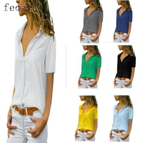 FEOGOR Womens short-sleeved shirt Womens shirt Summer solid color womens blouse cardigan V-neck short-sleeved chiffon shirt