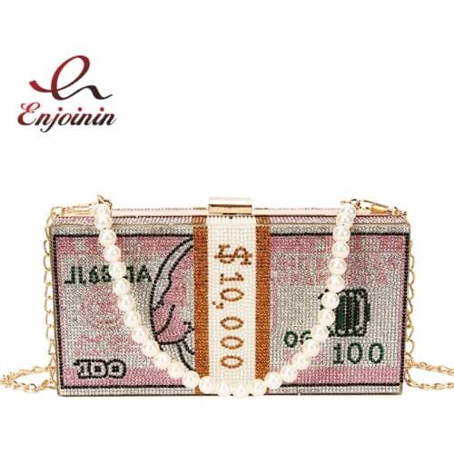 Stack of Cash Crystals Women Money Dinner Purses and Handbags Evening Clutch Bags Diamond Chain Wedding 2020 Luxury Tote Bag