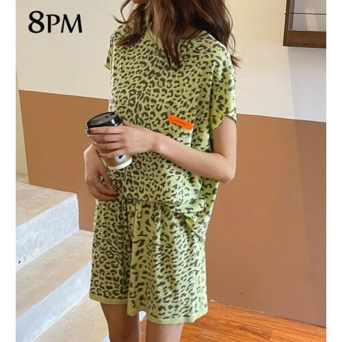 Leopard Print Summer Pajamas Women Fashion Short Sleeve Top Shorts Loose Casual Pijama Ladies Street Style Tee Home Wear ouc203